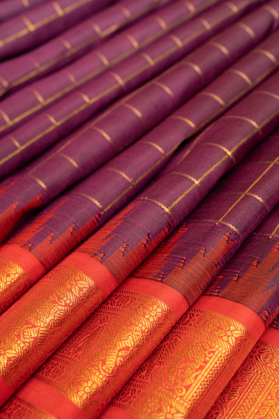 Eggplant violet and red pure zari Kanchipuram silk saree