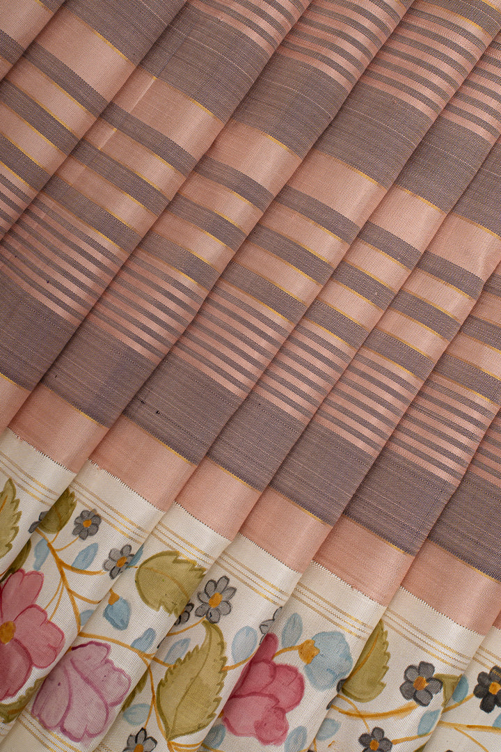 Mauve and Brown Handpainted Pure Kanchipuram Silk Saree