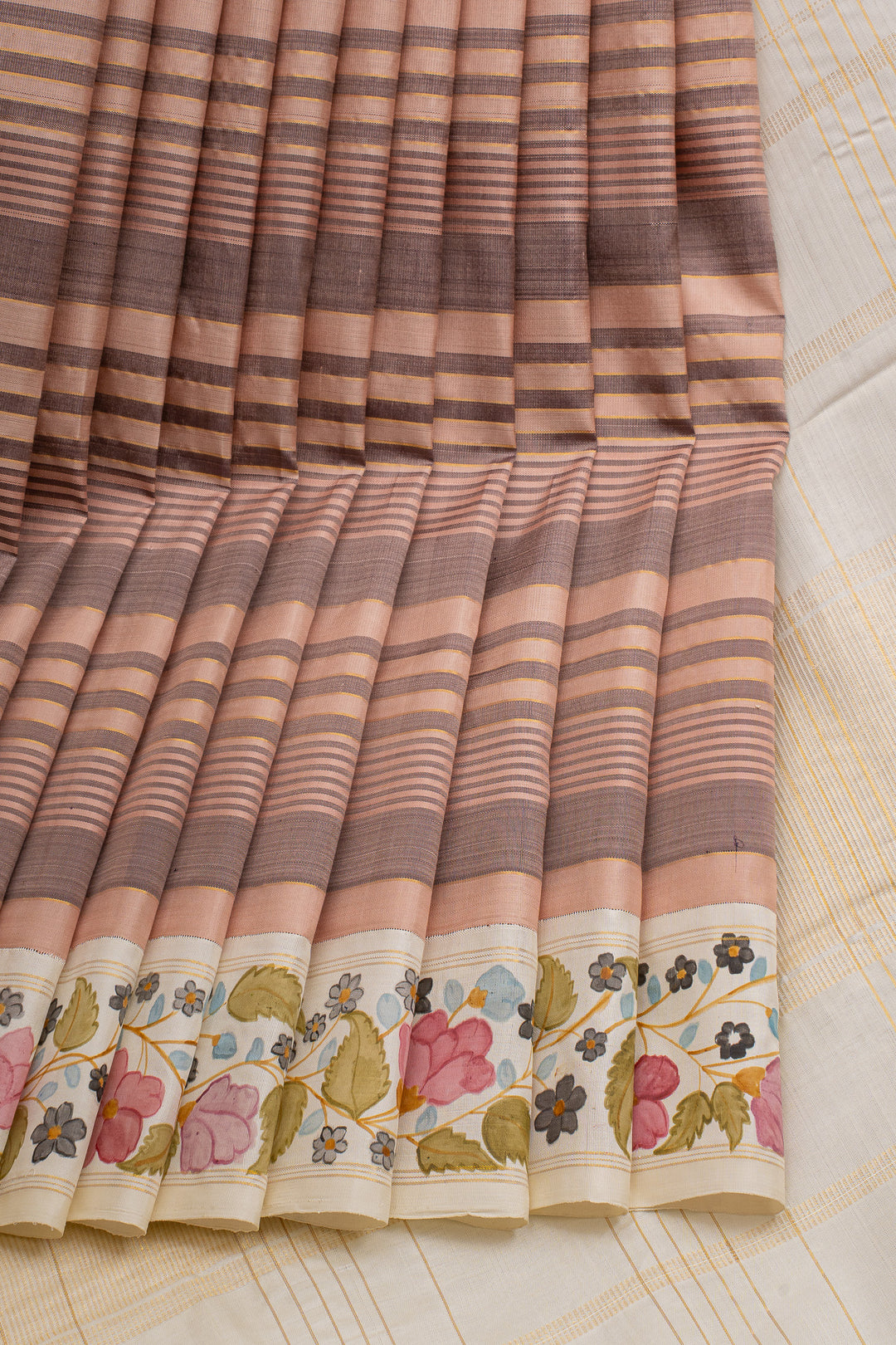 Mauve and Brown Handpainted Pure Kanchipuram Silk Saree