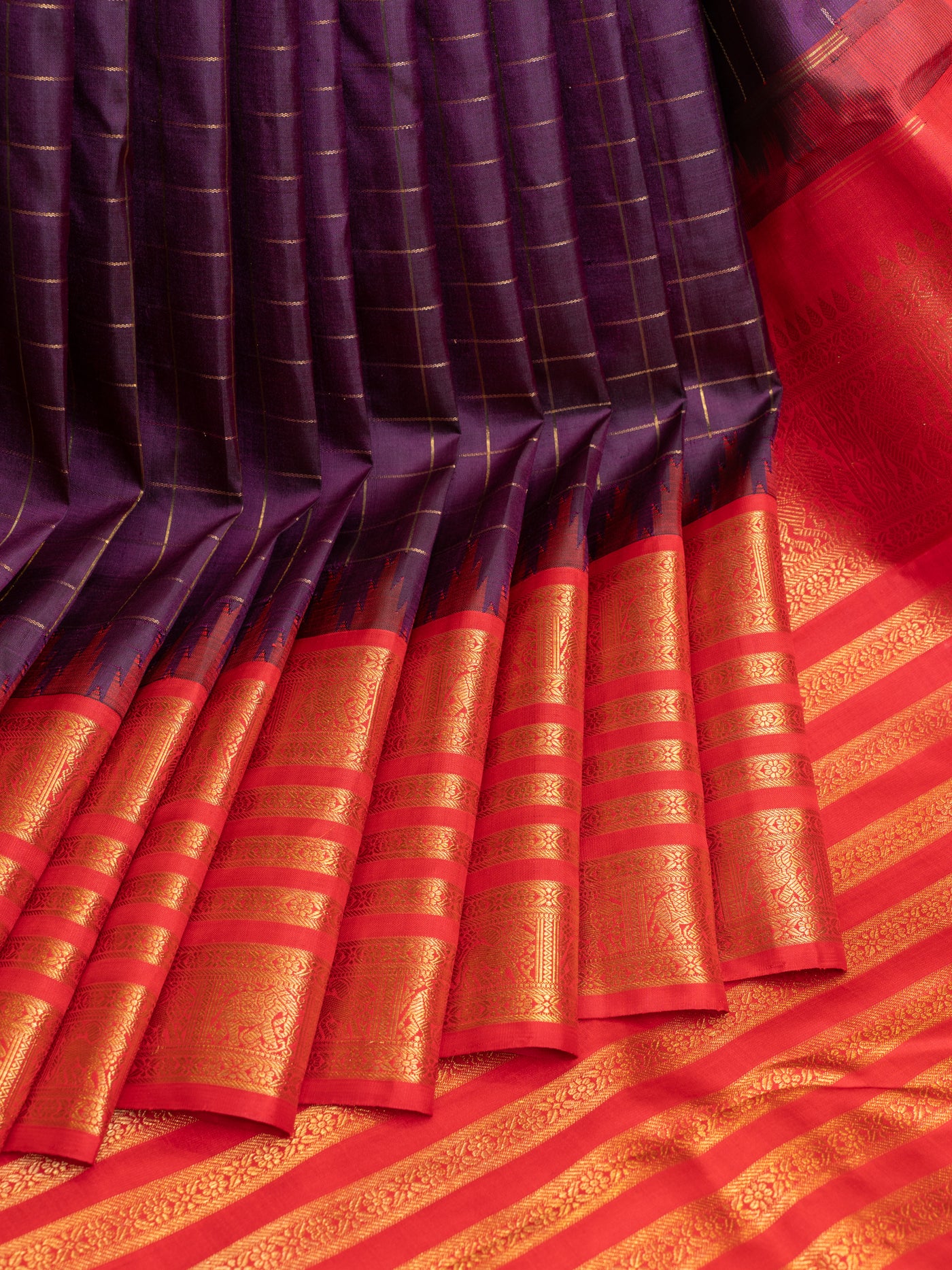 Eggplant violet and red pure zari Kanchipuram silk saree