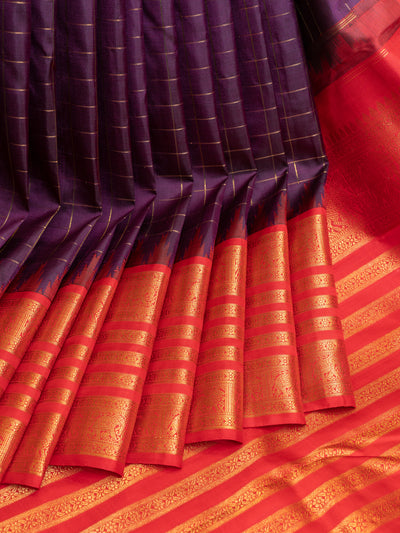 Eggplant violet and red pure zari Kanchipuram silk saree