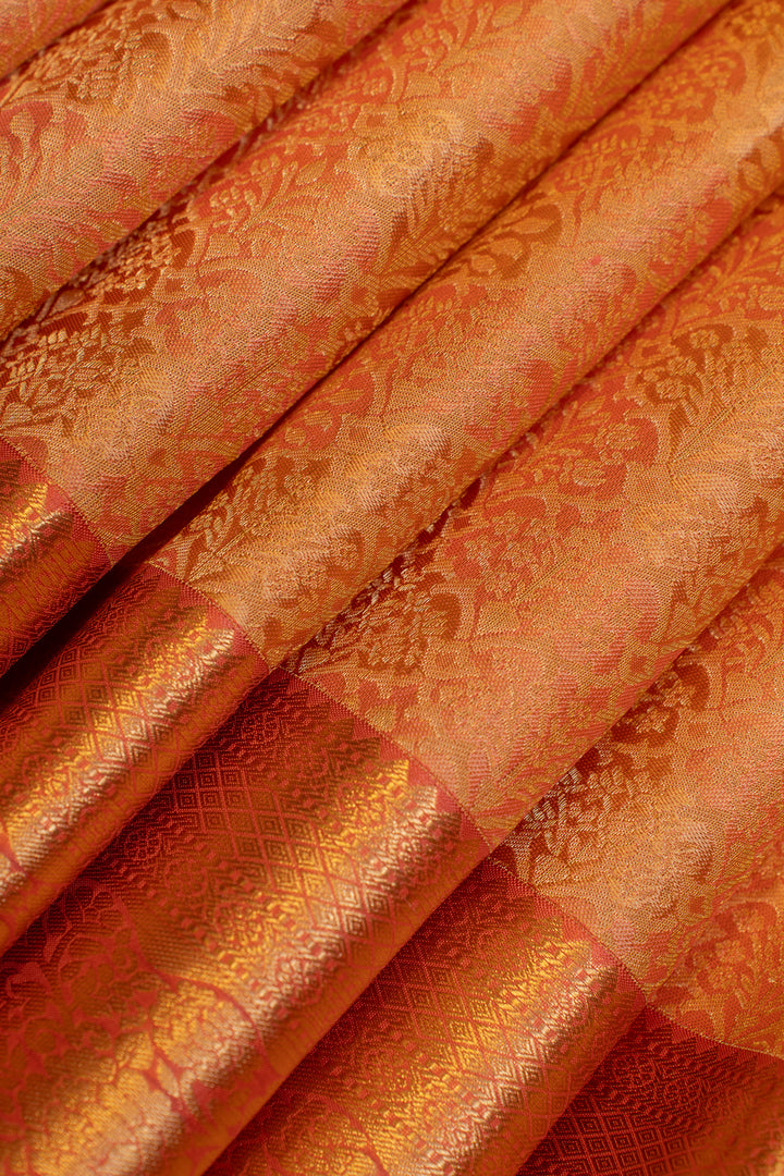 Orange floral brocade pure Kanchipuram silk saree