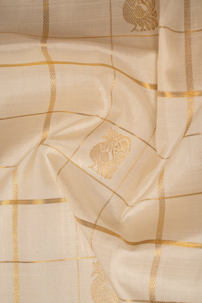 Pearl White Pure Zari Checks Kanchipuram Silk Saree - Clio Silks