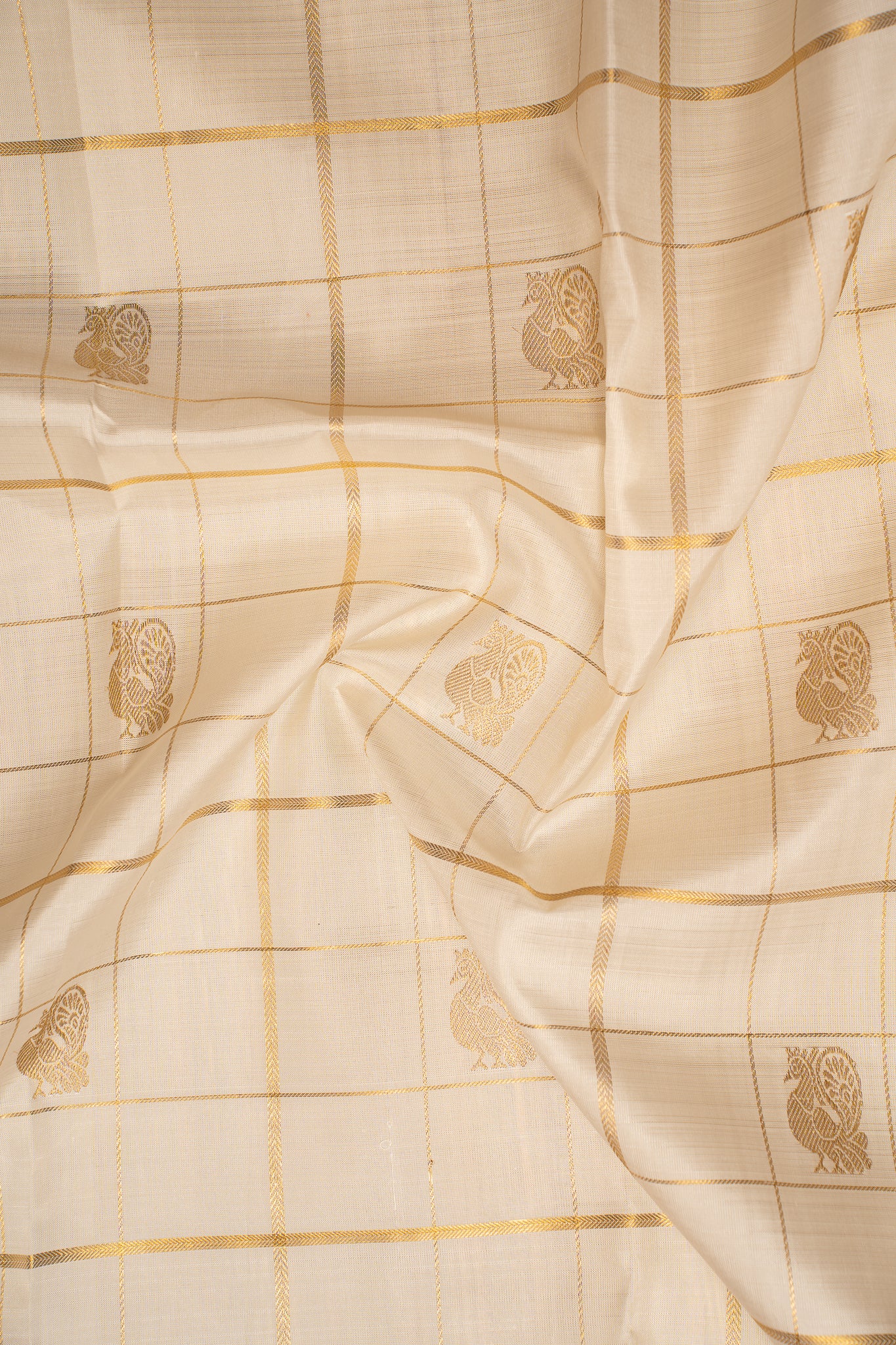 Pearl White Pure Zari Checks Kanchipuram Silk Saree - Clio Silks