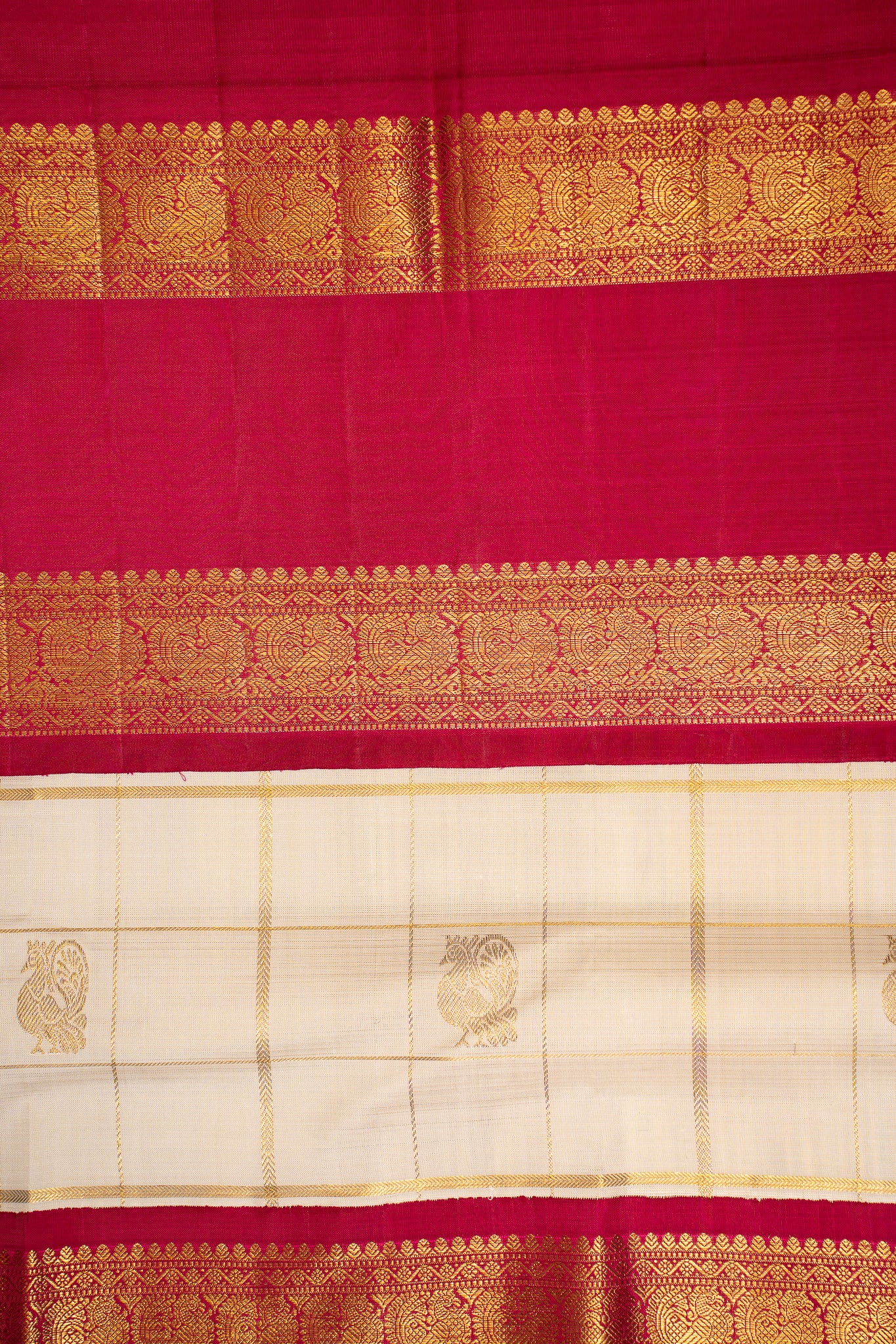 Pearl White Pure Zari Checks Kanchipuram Silk Saree - Clio Silks