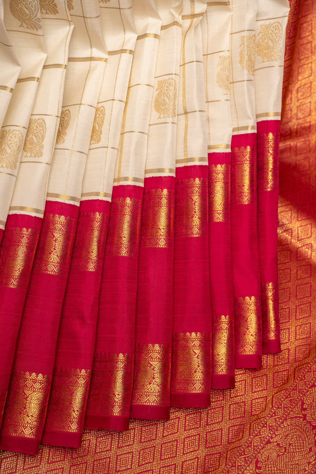 Pearl White Pure Zari Checks Kanchipuram Silk Saree - Clio Silks