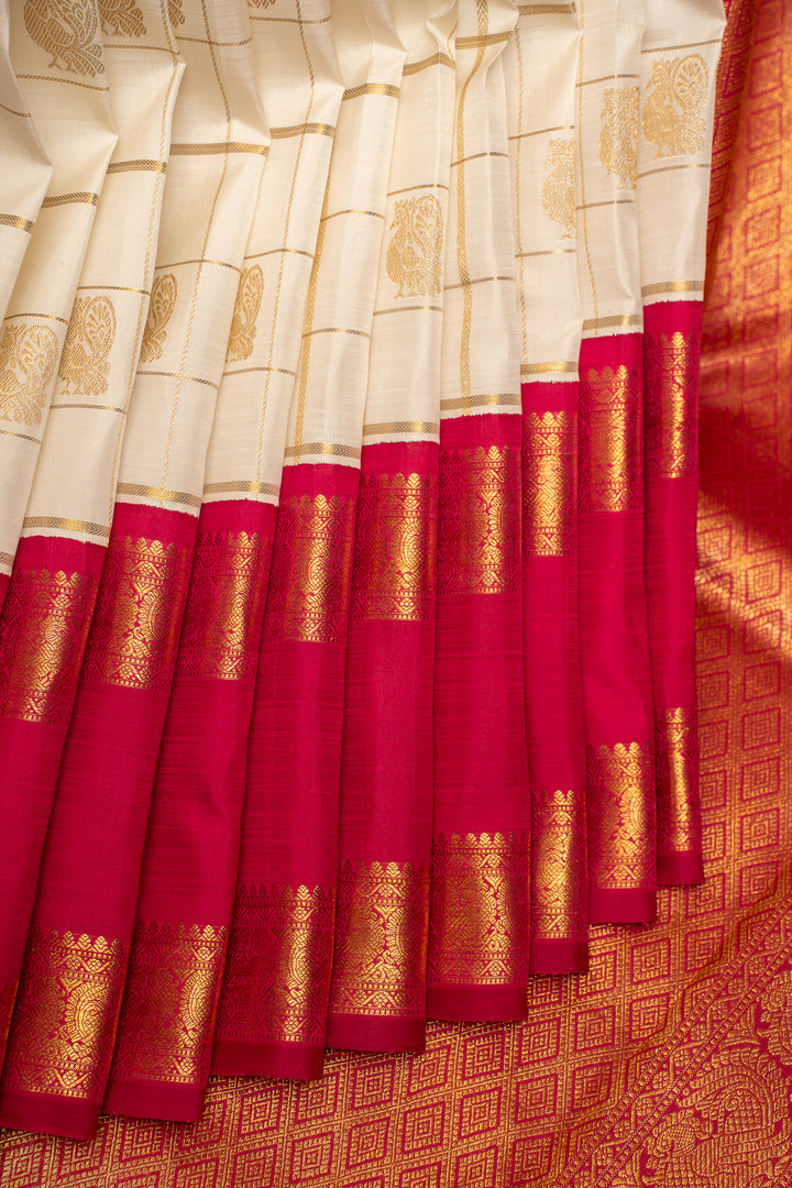 Pearl White Pure Zari Checks Kanchipuram Silk Saree - Clio Silks