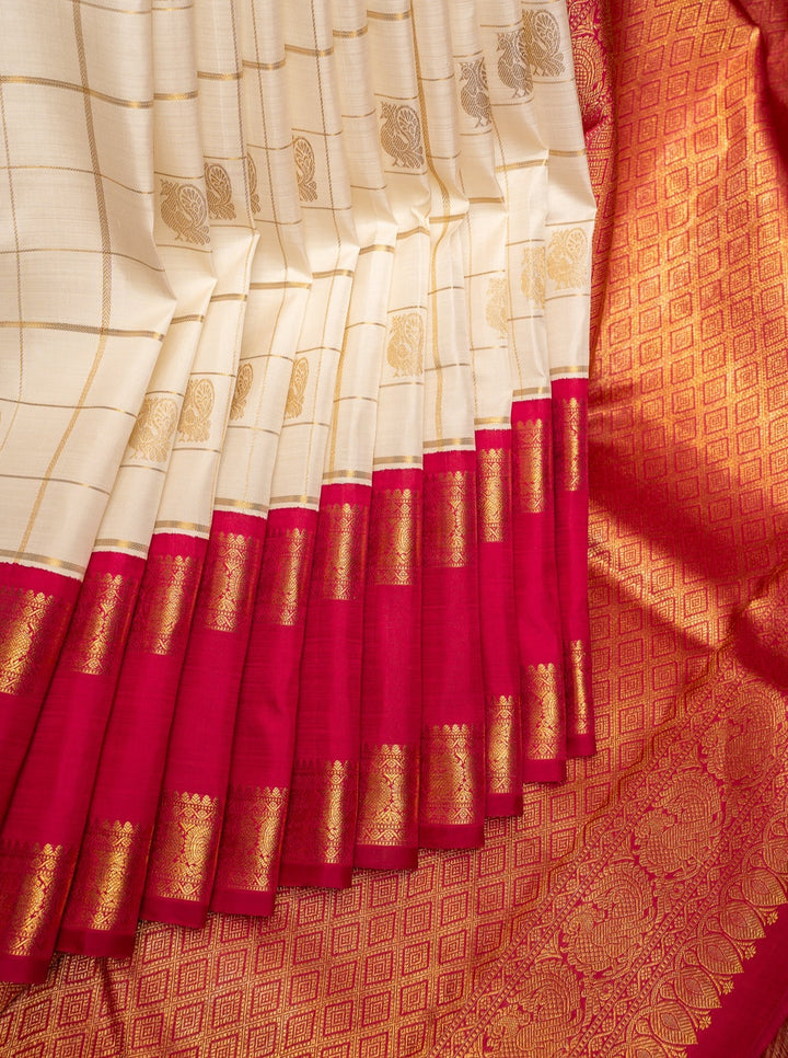 Pearl White Pure Zari Checks Kanchipuram Silk Saree - Clio Silks