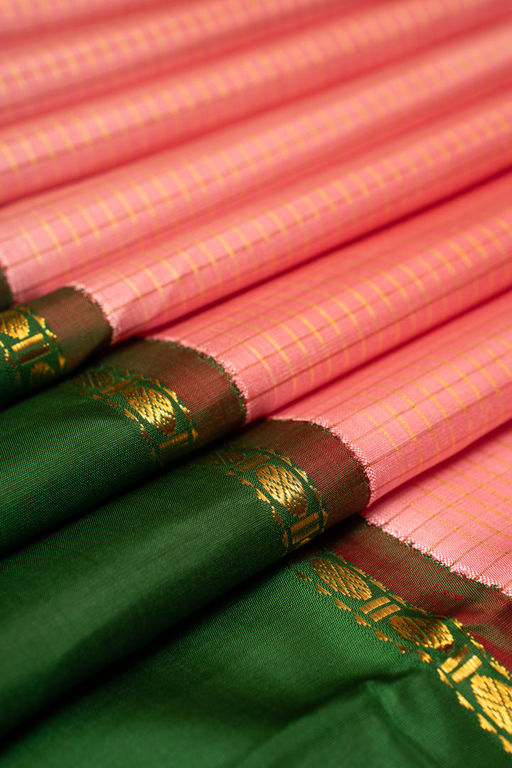 Lotus Pink Pure Zari Checks kanchipuram Silk Saree - Clio Silks