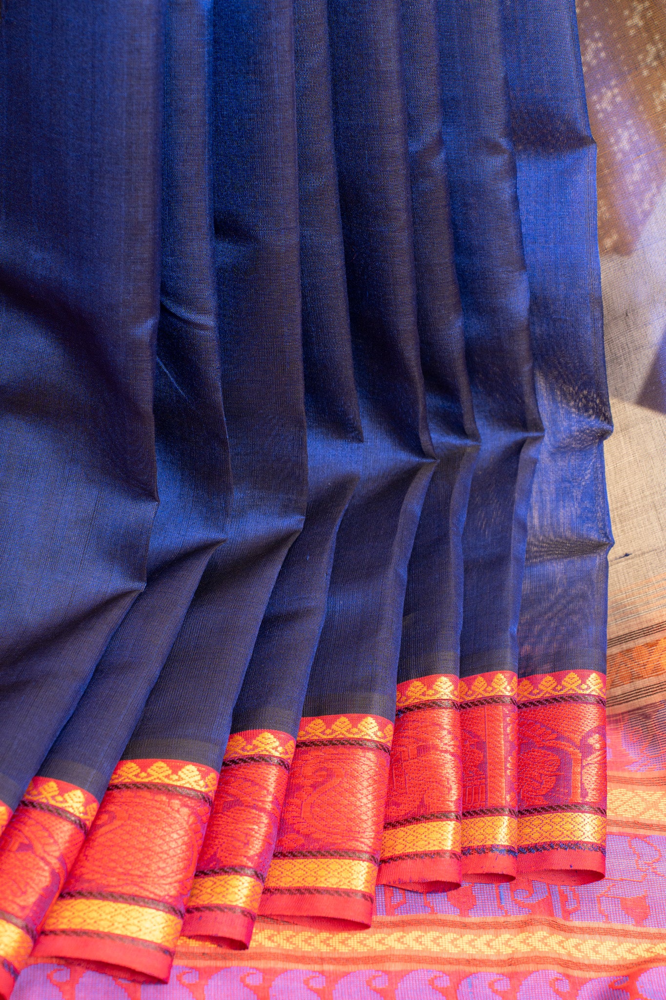 Peacock blue and red pure silk cotton saree