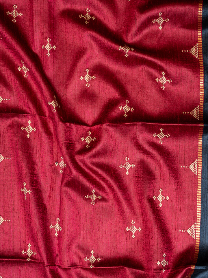 Blue and Red Pure Tussar Silk Saree - Clio Silks