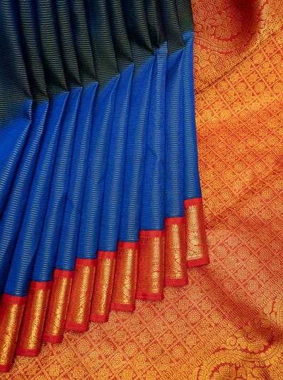Royal Blue and Red Vairaoosi Pure Kanchipuram Silk Saree - Clio Silks