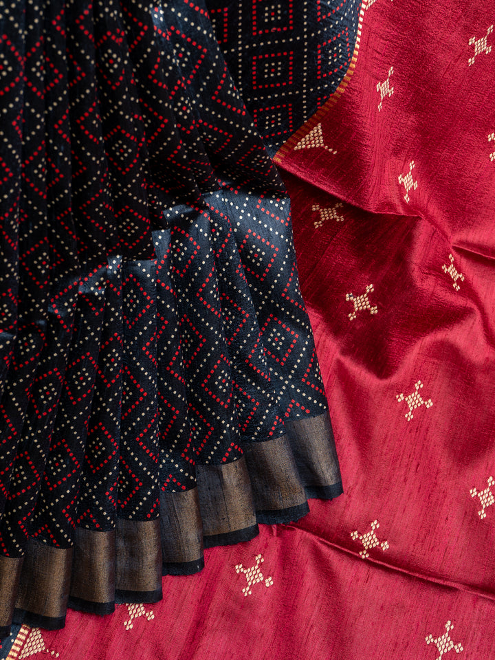 Blue and Red Pure Tussar Silk Saree - Clio Silks