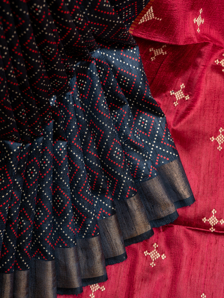 Blue and Red Pure Tussar Silk Saree - Clio Silks