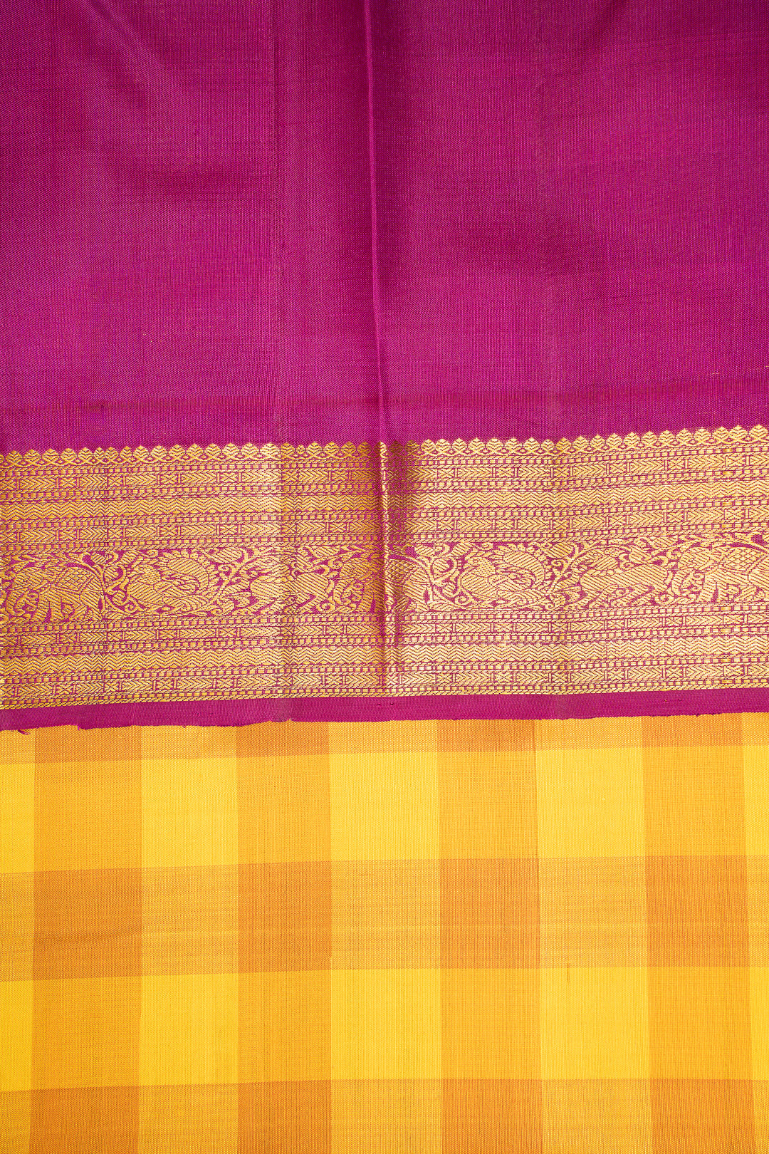 Yellow Multi Checks Pure Kanchipuram Silk Saree - Clio Silks