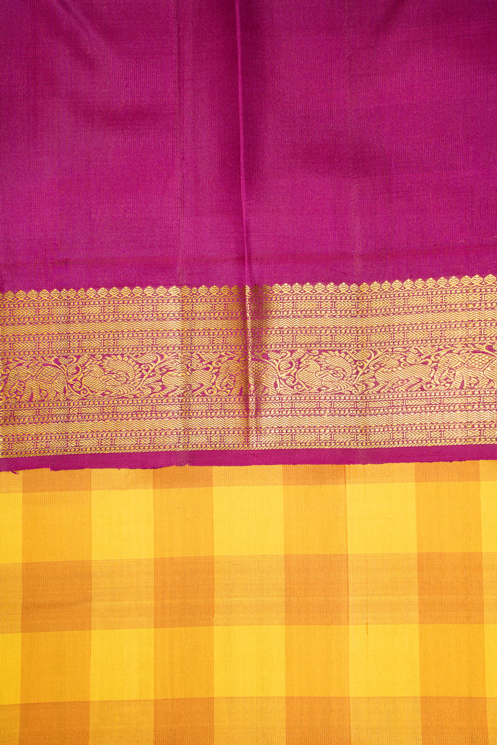 Yellow Multi Checks Pure Kanchipuram Silk Saree - Clio Silks