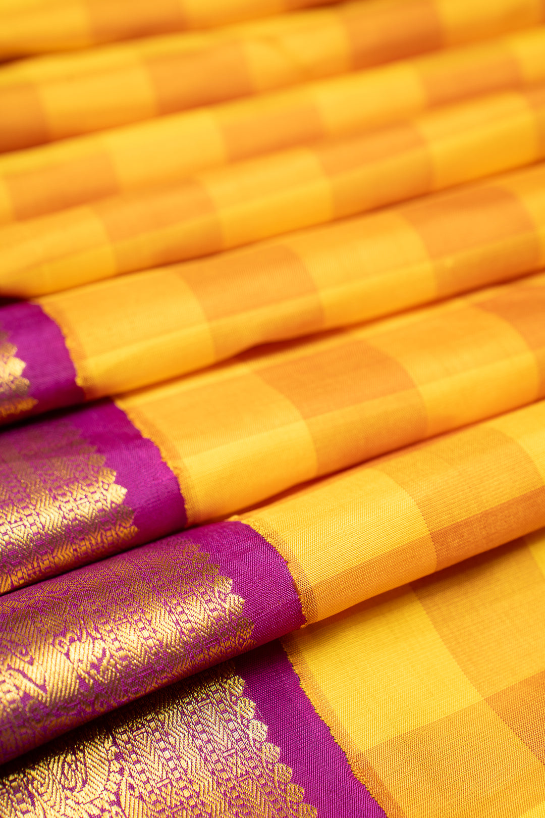 Yellow Multi Checks Pure Kanchipuram Silk Saree - Clio Silks