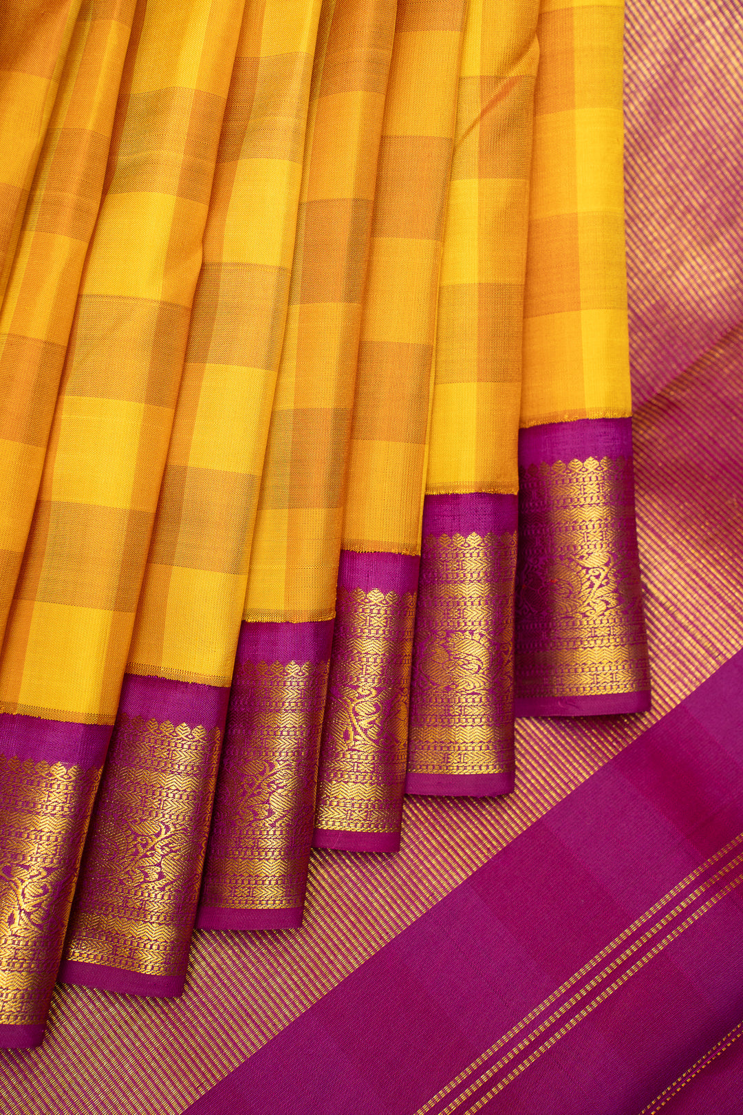 Yellow Multi Checks Pure Kanchipuram Silk Saree - Clio Silks