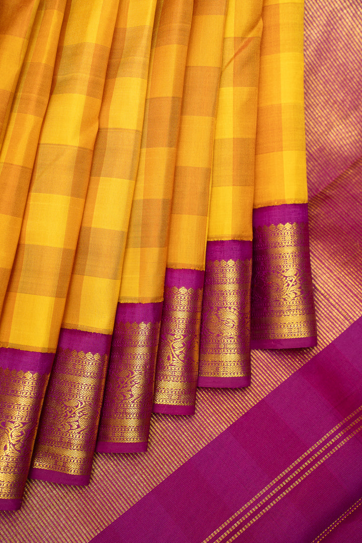 Yellow Multi Checks Pure Kanchipuram Silk Saree - Clio Silks