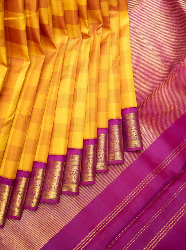Yellow Multi Checks Pure Kanchipuram Silk Saree - Clio Silks