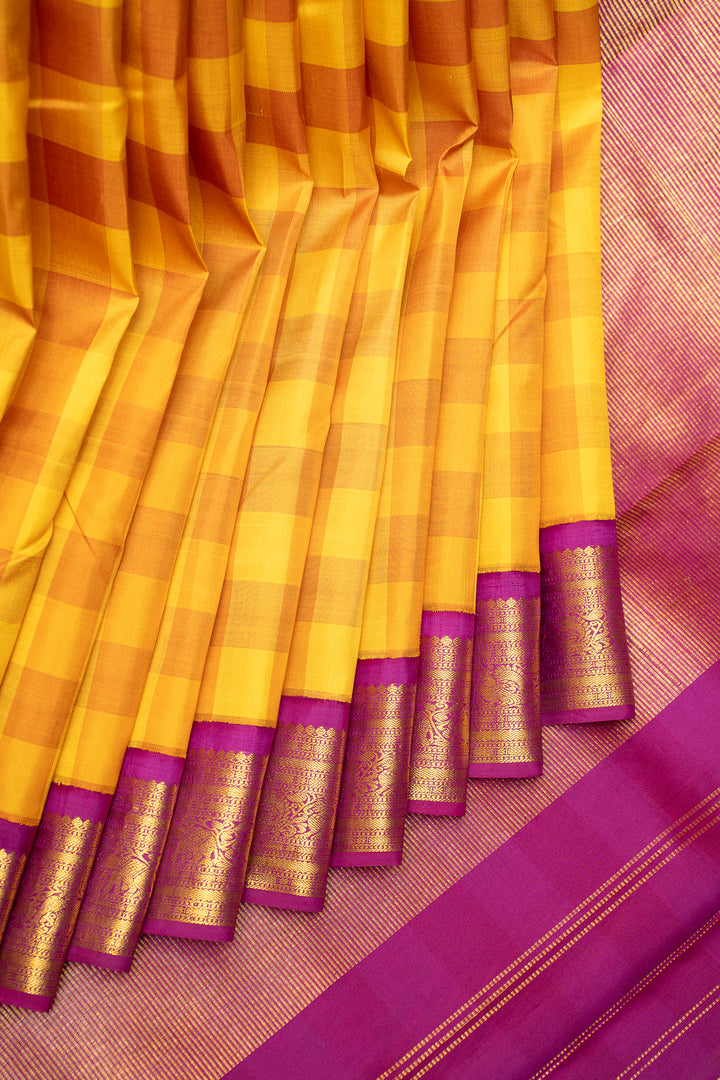 Yellow Multi Checks Pure Kanchipuram Silk Saree - Clio Silks