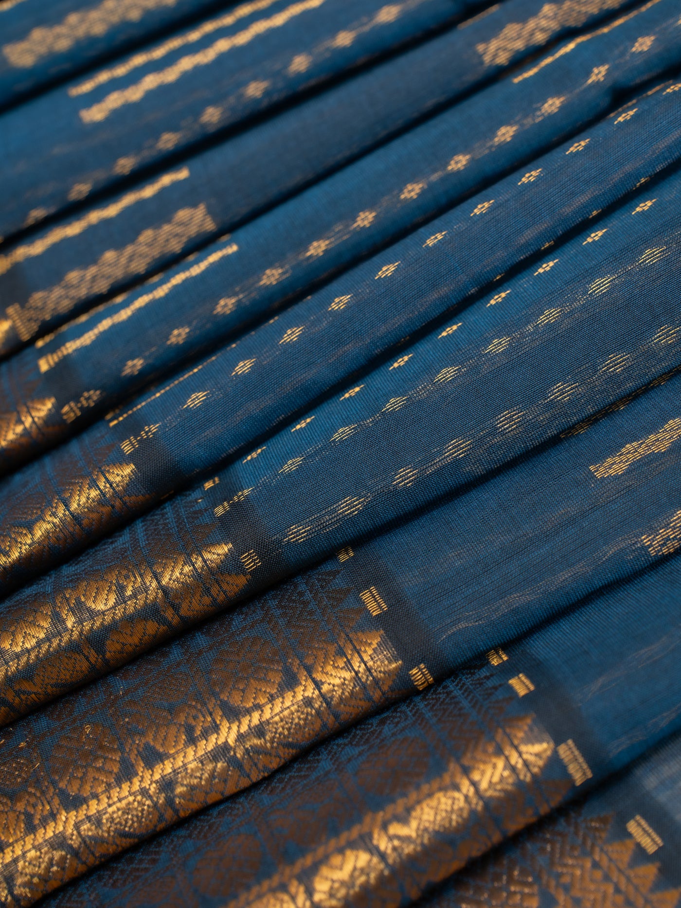 Peacock blue ornamental stripes pure silk cotton saree