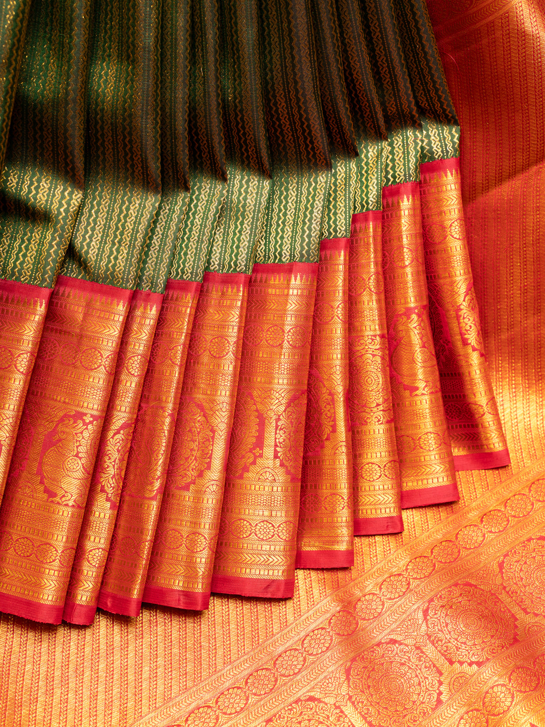 Bottle Green Zari Stripes Pure Kanchipuram Silk Saree