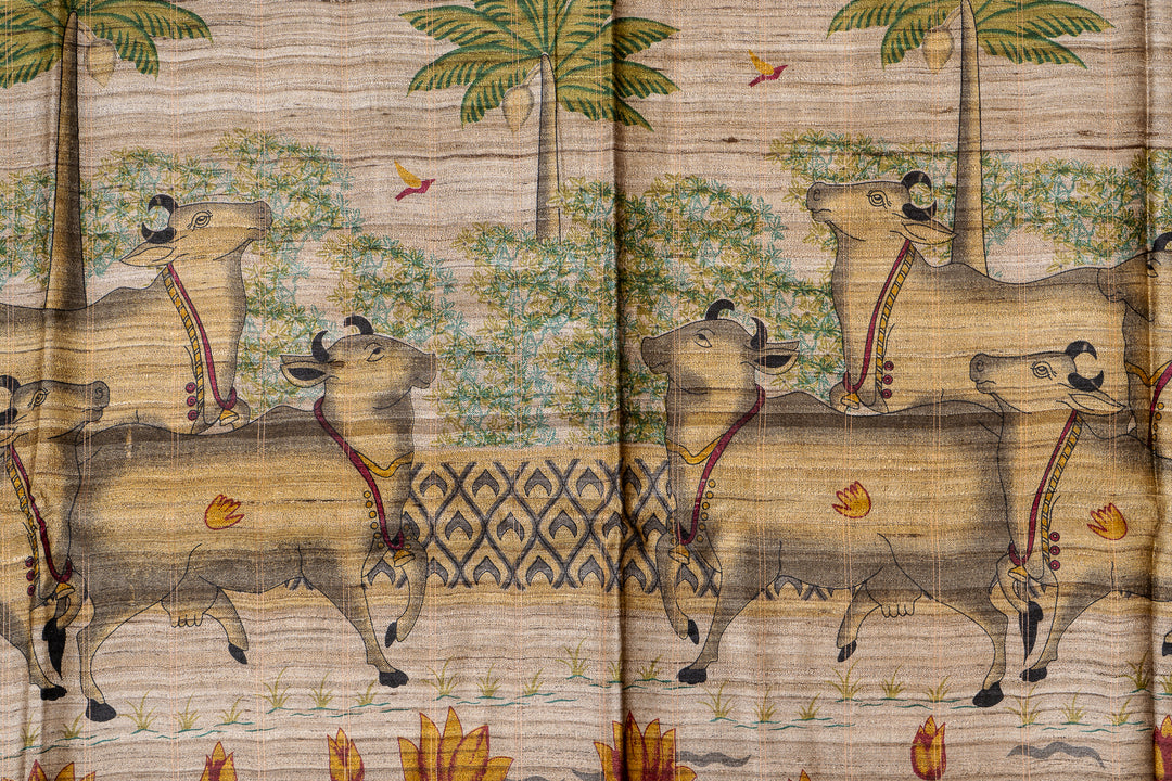Brown Pichwai Hand Printed Pure Tussar Saree - Clio Silks