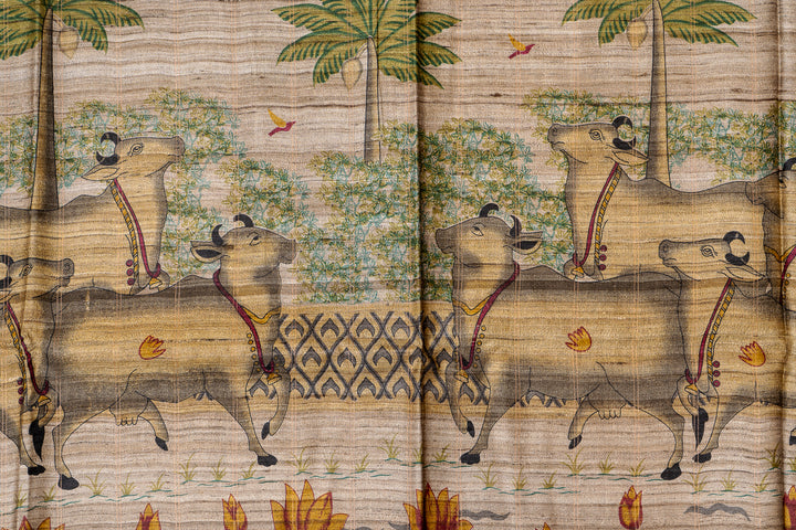 Brown Pichwai Hand Printed Pure Tussar Saree - Clio Silks