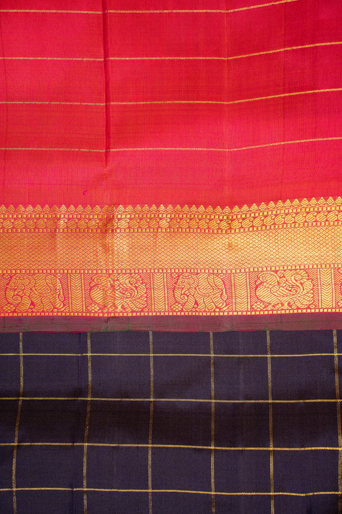 Navy Blue and Checks Traditional Pure Kanchipuram Silk Saree - Clio Silks