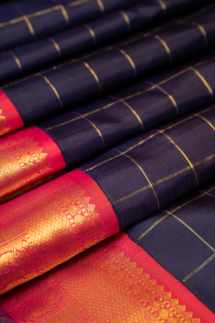 Navy Blue and Checks Traditional Pure Kanchipuram Silk Saree - Clio Silks