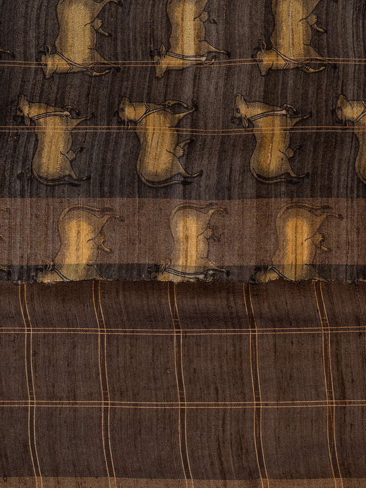 Brown Pichwai Hand Printed Pure Tussar Saree - Clio Silks