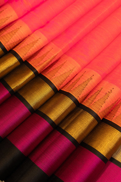 Peach and black pure silk cotton saree