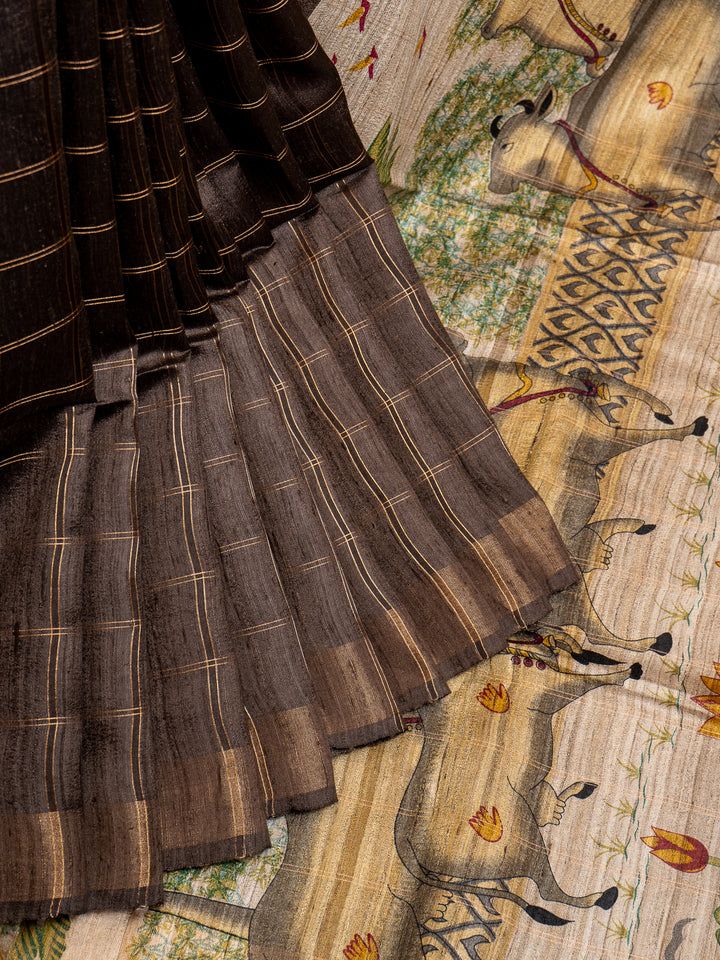 Brown Pichwai Hand Printed Pure Tussar Saree - Clio Silks