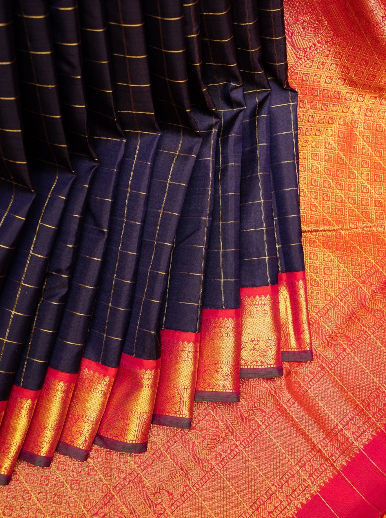 Navy Blue and Checks Traditional Pure Kanchipuram Silk Saree - Clio Silks