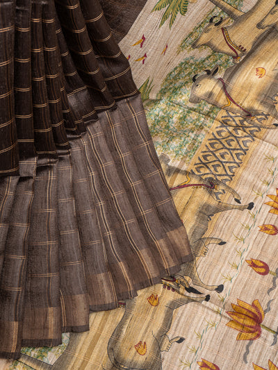 Brown Pichwai Hand Printed Pure Tussar Saree - Clio Silks