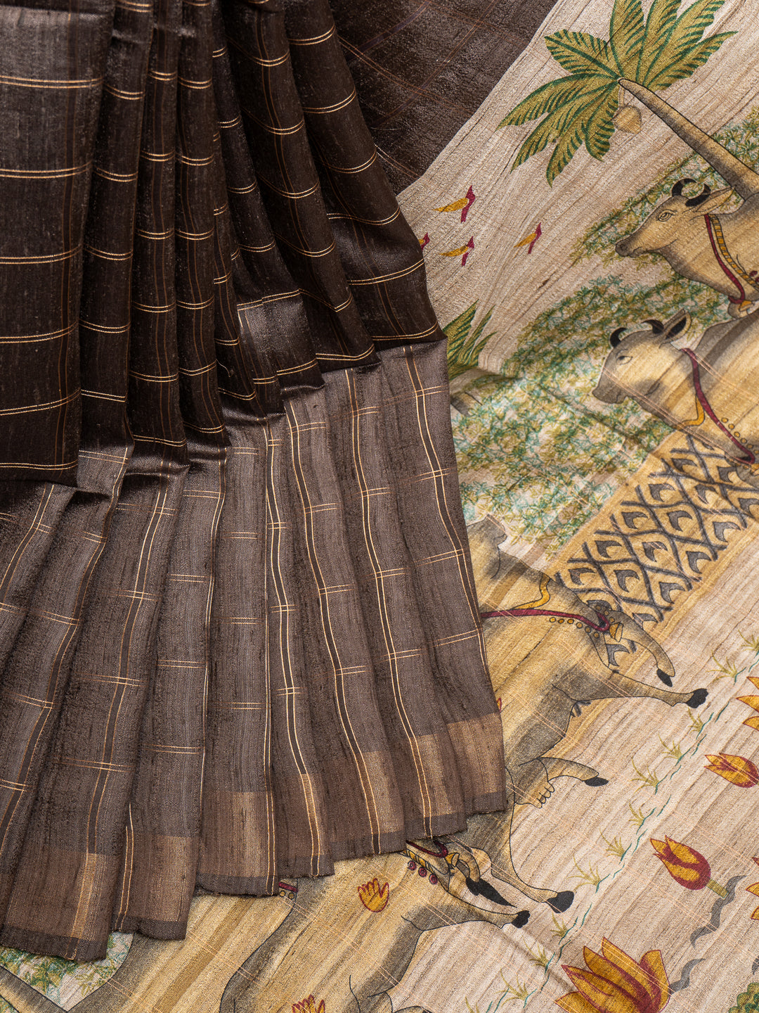 Brown Pichwai Hand Printed Pure Tussar Saree - Clio Silks
