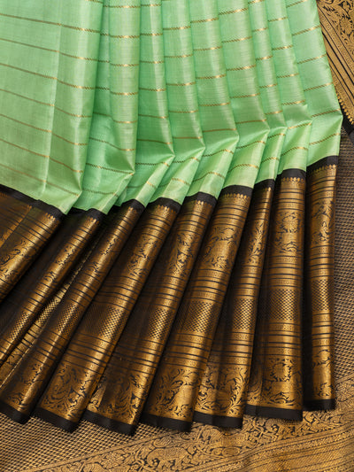 Mint green and black veldhari stripes pure zari Kanchipuram silk saree