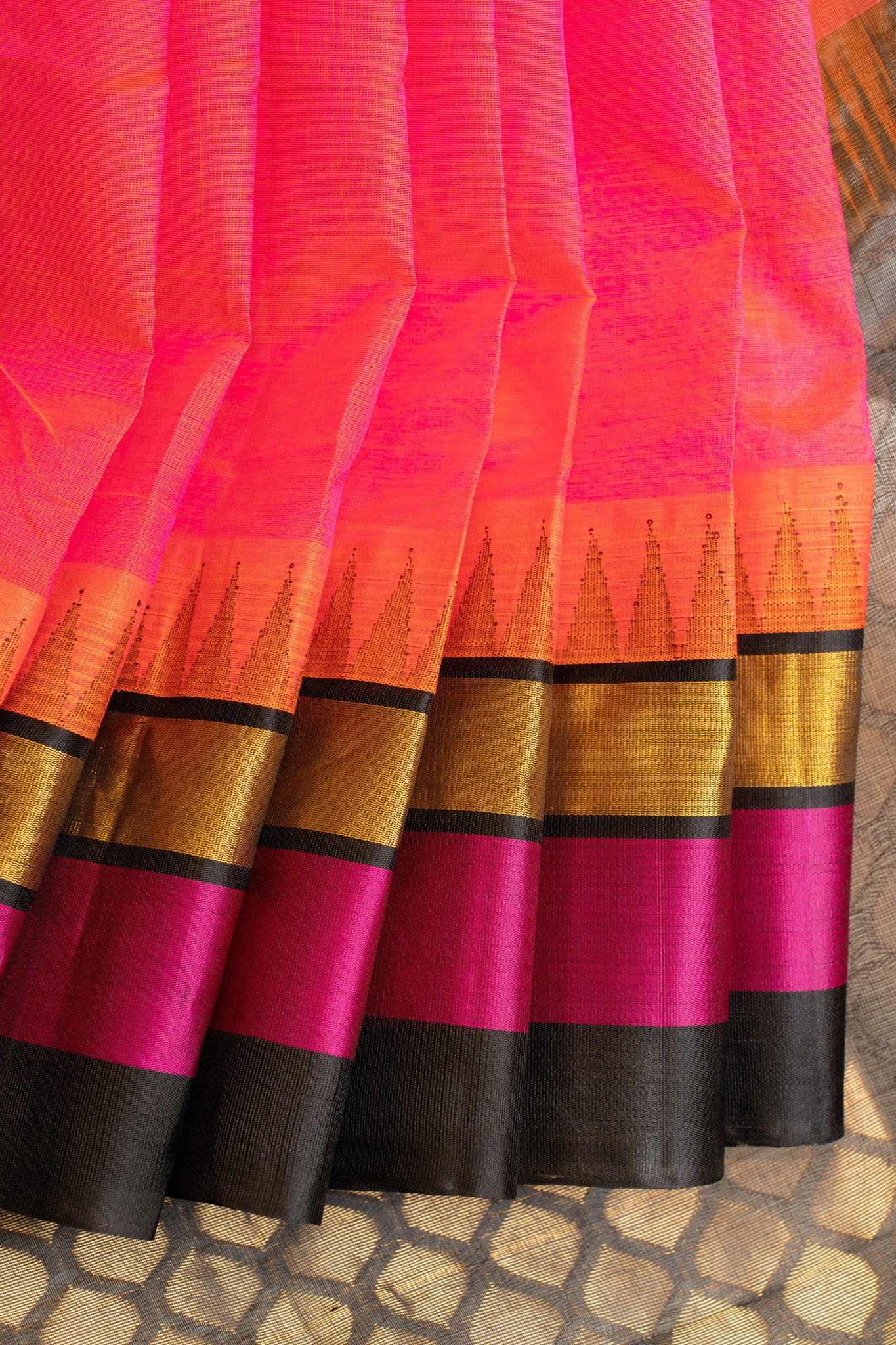 Peach and black pure silk cotton saree