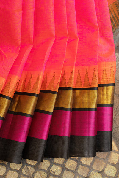 Peach and black pure silk cotton saree