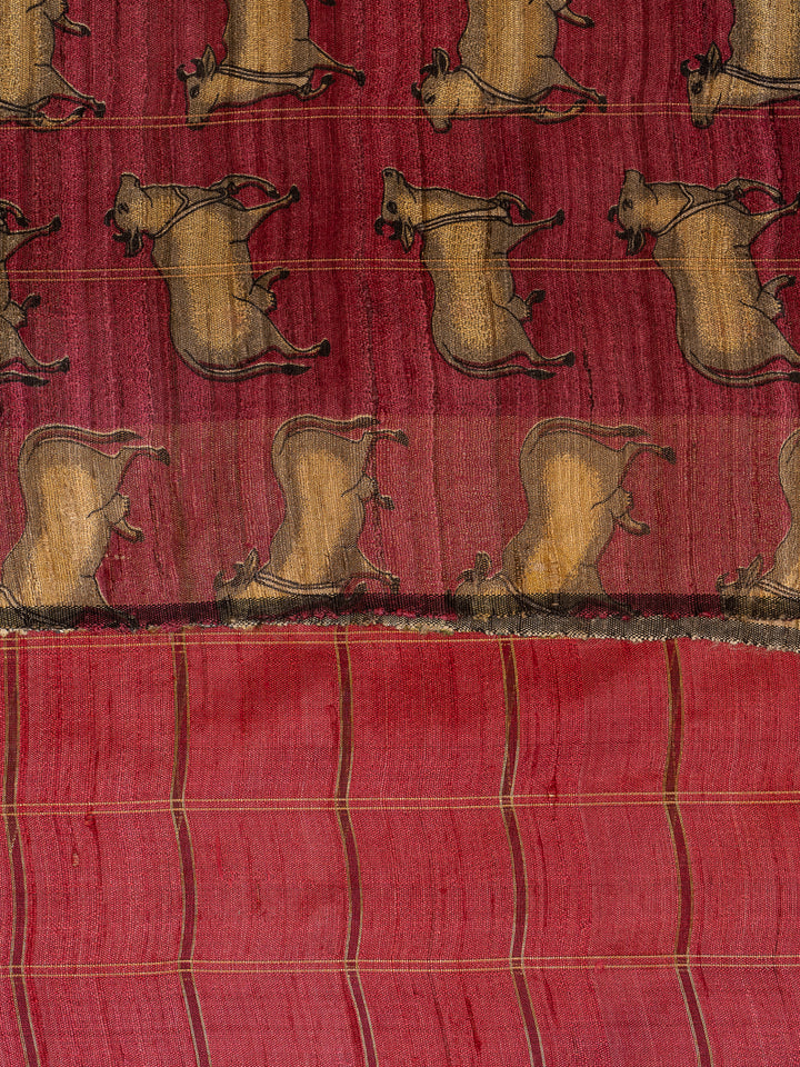 Maroon Hand Printed Pichwai Pure Tussar Silk Saree - Clio Silks