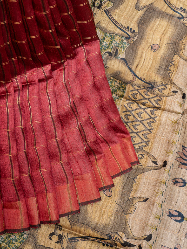 Maroon Hand Printed Pichwai Pure Tussar Silk Saree - Clio Silks