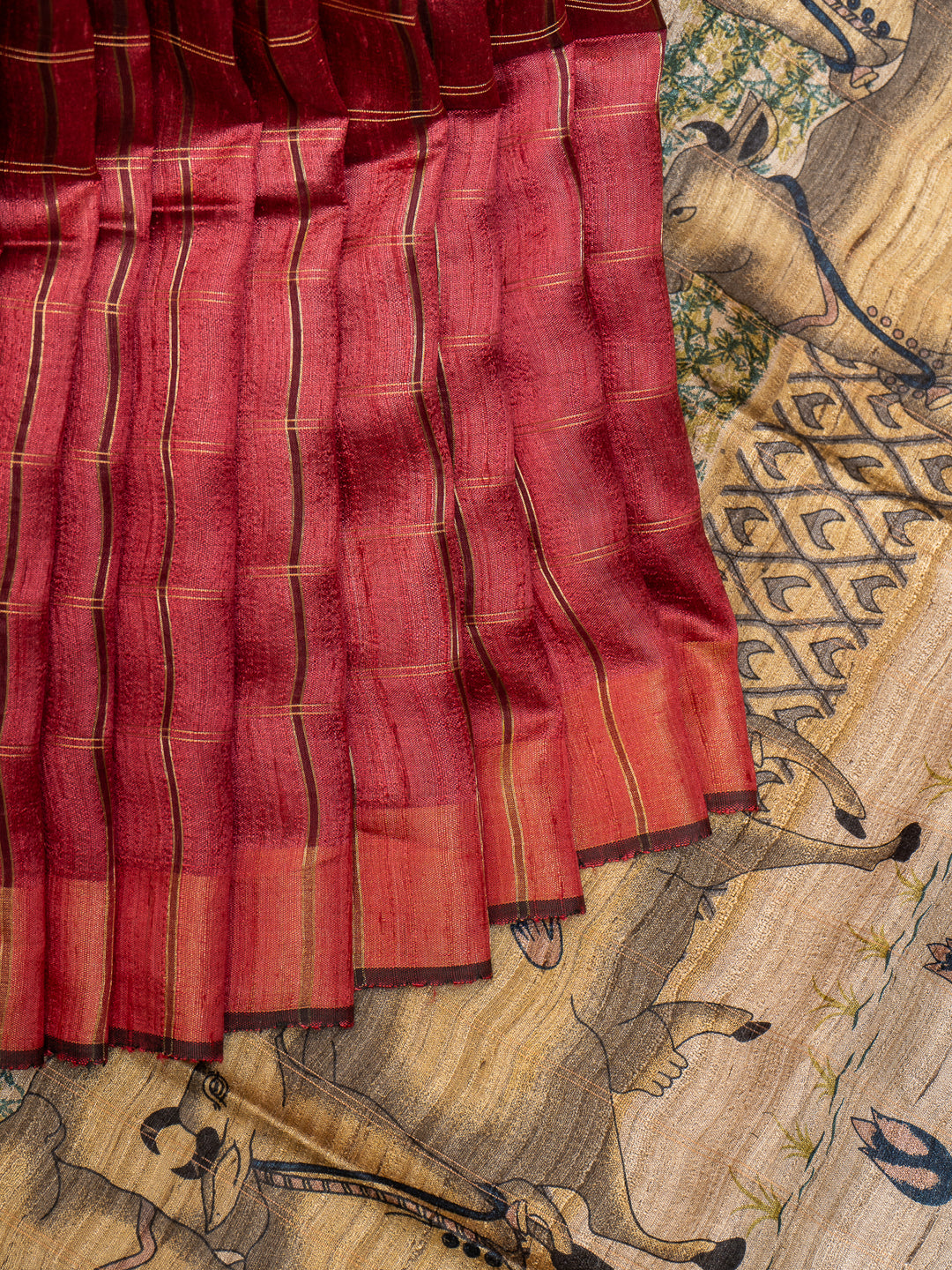 Maroon Hand Printed Pichwai Pure Tussar Silk Saree - Clio Silks