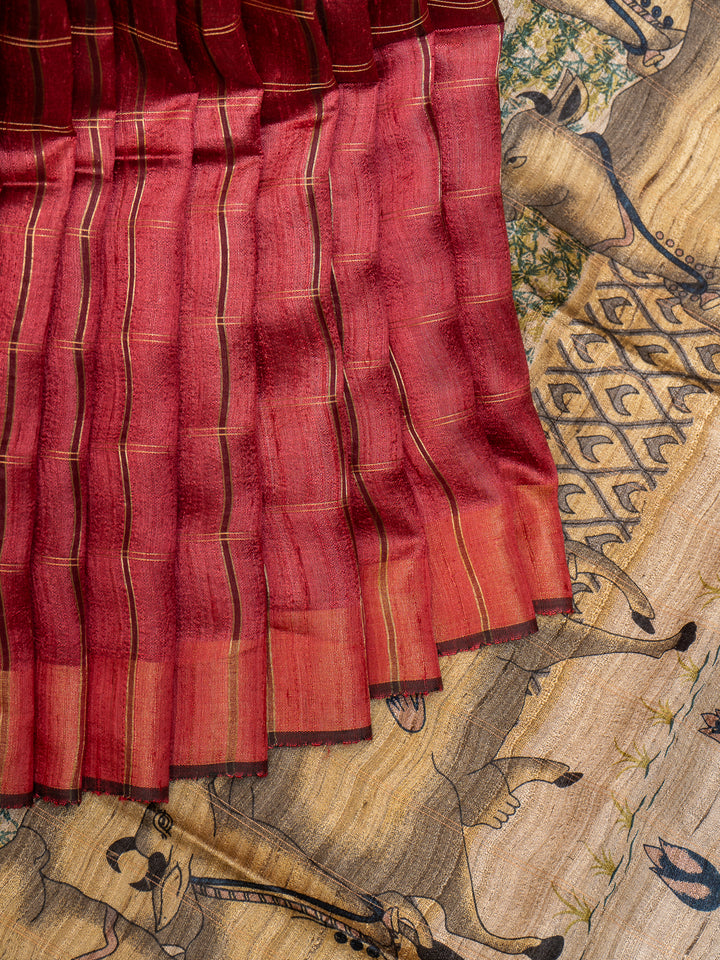 Maroon Hand Printed Pichwai Pure Tussar Silk Saree - Clio Silks