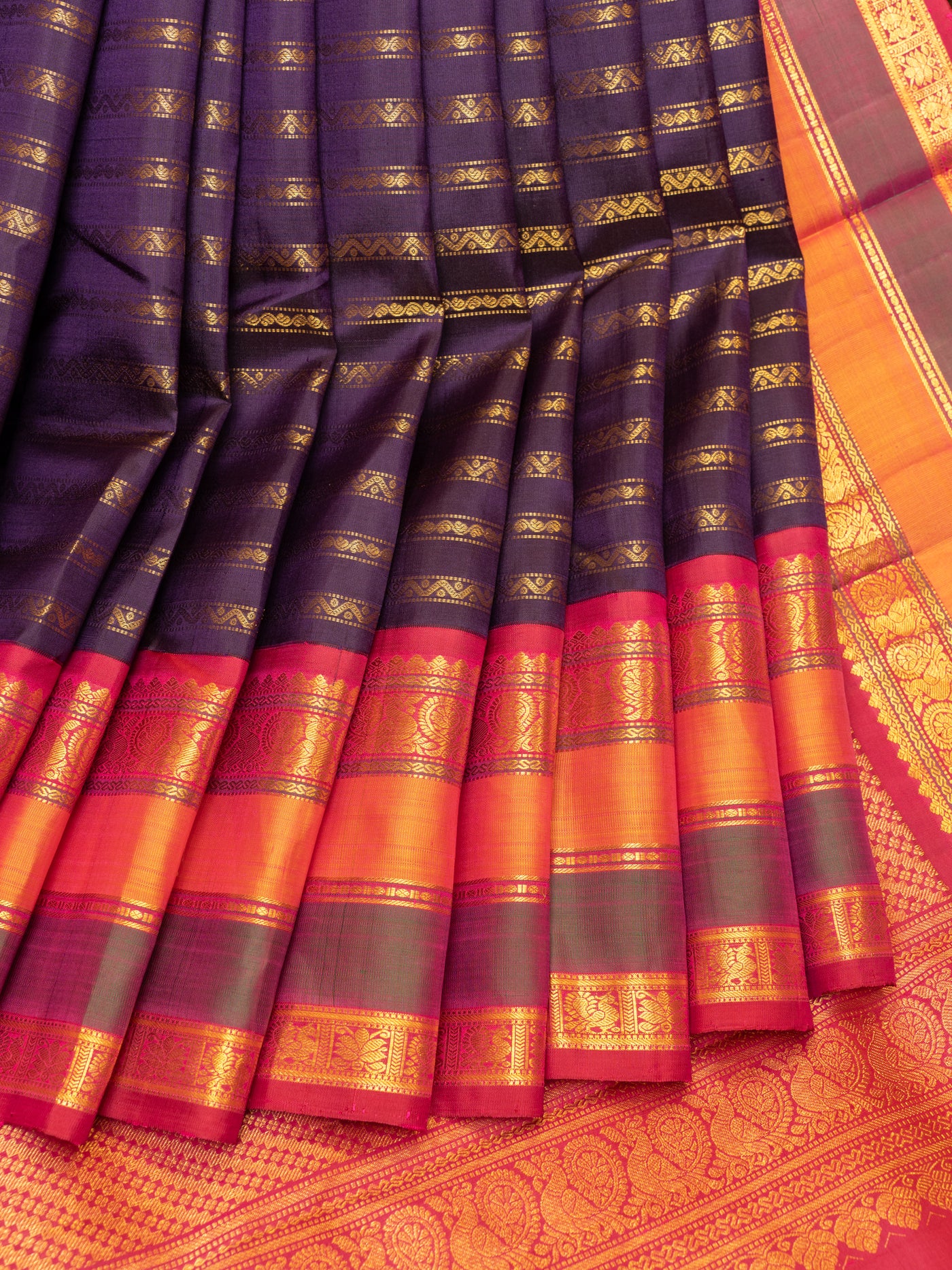 Dark purple neli stripes pure Kanchipuram silk saree