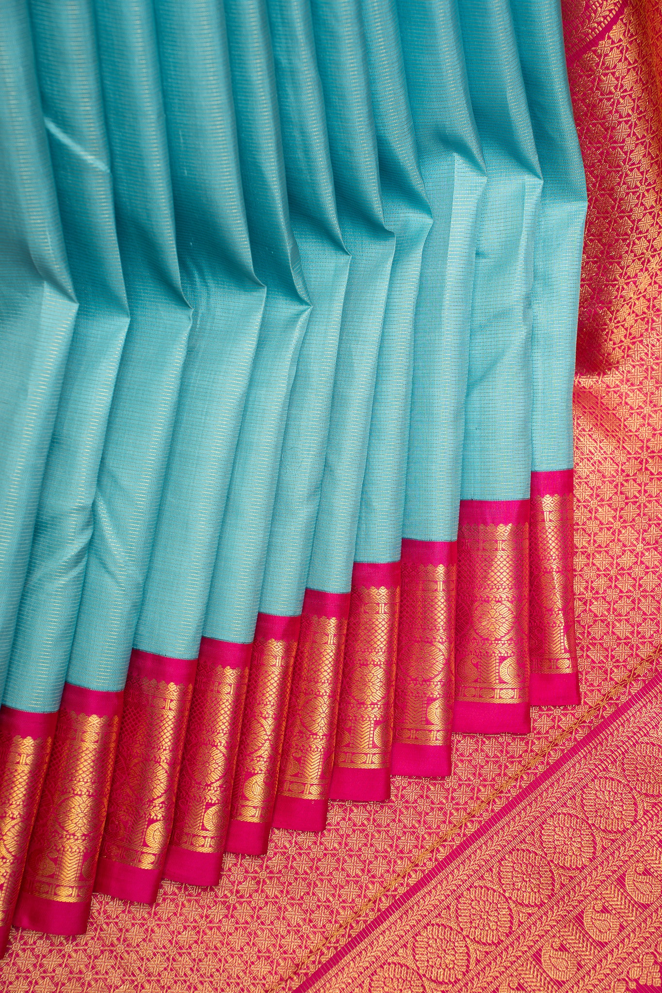 Turquoise Blue Vairaoosi Pure Kanchipuram Silk Saree - Clio Silks
