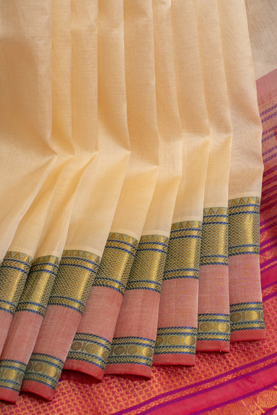 Off white and lotus pink pure silk cotton saree