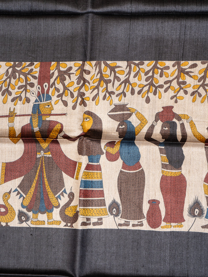 Black Hand Printed Pure Tussar Silk Designer Saree - Clio Silks