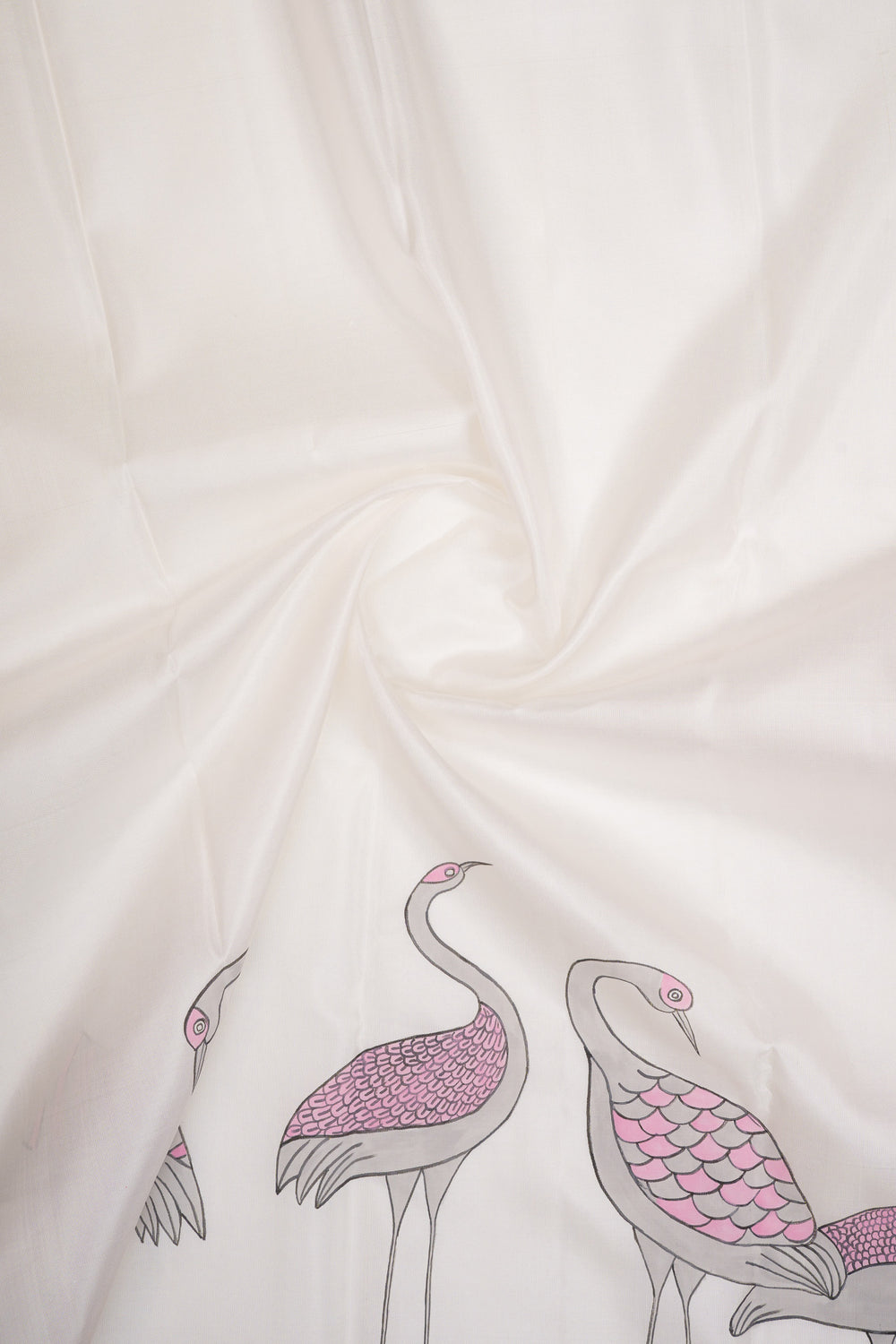 Pearl white and pink handpainted pure kanchipuram silk saree