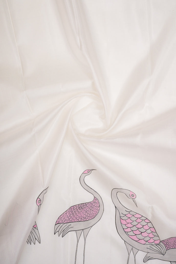 Pearl white and pink handpainted pure kanchipuram silk saree